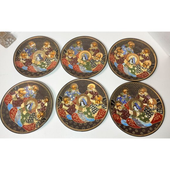 Satsuma Japanese Moriage Gold Leaf Goddess & 4 Immortals Plates 7.25" (6) - Picture 3 of 7